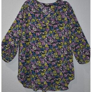Tahari Top 2X Floral Peasant Blouse Flowy Lightweight Split V-Neck Pullover Sz2x